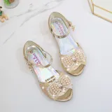 Kid Girls Sequins 3D Pearl Lace Bowknot Open-Toed Sandal High Pumps Dress Shoes
