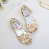 Kid Girls Sequins 3D Pearl Lace Bowknot Open-Toed Sandal High Pumps Dress Shoes