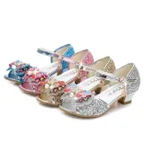 Kid Girls Sequins Pearl 3D Bowknot Flowers Open-Toed Sandal High Pumps Dress Shoes