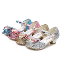 Kid Girls Sequins Pearl 3D Bowknot Flowers Open-Toed Sandal High Pumps Dress Shoes