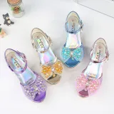 Kid Girls Sequins Beads Mesh Bowknot Open-Toed Sandals High Pumps Dress Shoes