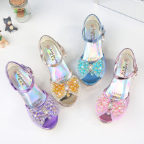 Kid Girls Sequins Beads Mesh Bowknot Open-Toed Sandals High Pumps Dress Shoes