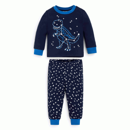 Kids Navy Stars Dinosaur Pajamas Sleepwear Set Long-sleeve Cotton Pjs