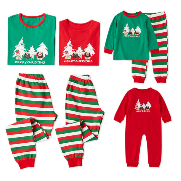 Christmas Family Matching Sleepwear Pajamas Sets Green Christmas Tree Top and  Stripes Pants