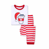 Christmas Family Matching Sleepwear Pajamas Sets White Beer Coffee Milk Top and Red Stripes Pants