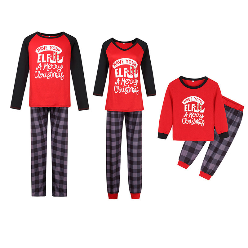 Christmas Family Matching Sleepwear Pajamas Sets Red Slogan Elf Top And Plaid Pants