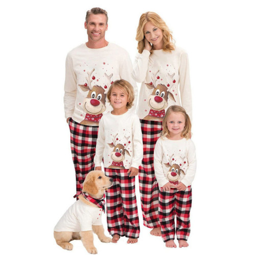 Christmas Family Matching Sleepwear Pajamas Sets White Christmas Deer Top and Red Plaids Pants With Dog Cloth