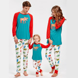 Christmas Family Matching Sleepwear Pajamas Sets Blue Moose Top and Colorful Mooses Pants
