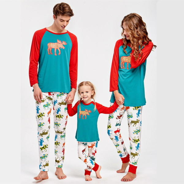 Christmas Family Matching Sleepwear Pajamas Sets Blue Moose Top and Colorful Mooses Pants