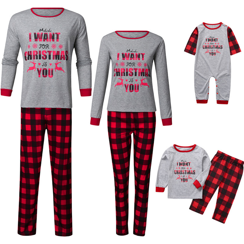 Christmas Family Matching Sleepwear Pajamas Sets Grey Slogan Top and Red Plaid Pants