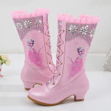 Kid Girl Sequins Princess Lace UP Add Wool PU Leather Tall Hight Heeled Pump Boots