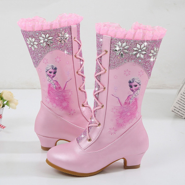 Kid Girl Sequins Princess Lace UP Add Wool PU Leather Tall Hight Heeled Pump Boots