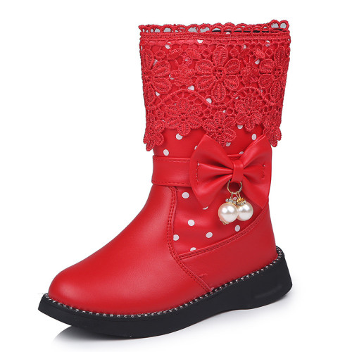 Kid Girl PU Leather Add Wool Winter WarmTall Boots With Lace Flowers Bowknet