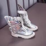 Kid Girl PU Leather Lace Up Martin  Boots With Butterfly Wings