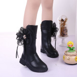 Kid Girl 3D Lace Dots Bowknet Add Wool PU Leather Tall Boots
