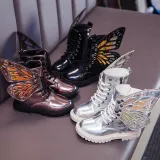 Kid Girl PU Leather Lace Up Martin  Boots With Butterfly Wings