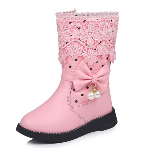 Kid Girl PU Leather Add Wool Winter WarmTall Boots With Lace Flowers Bowknet