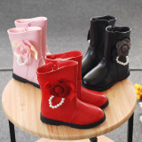 Kid Girl 3D Flower Pearl Add Wool PU Leather Tall Boots