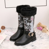 Kid Girl Sequins Princess Faux Fur Add Wool PU Leather Tall Boots