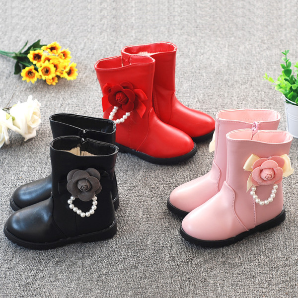 Kid Girl 3D Flower Pearl Add Wool PU Leather Tall Boots