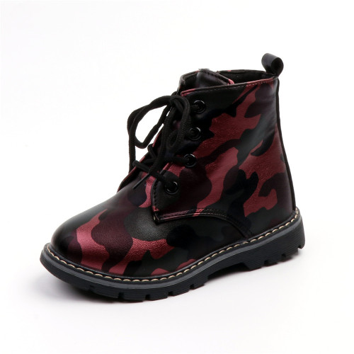 Kid Girl Camouflage PU Leather Martin Ankle Boots With Side Zipper