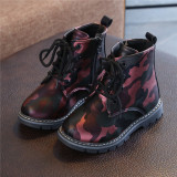 Kid Girl Camouflage PU Leather Martin Ankle Boots With Side Zipper