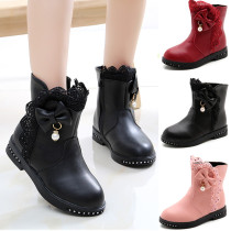 Kid Girl Lace Bowknet Add Wool PU Leather Short Boots