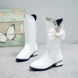 Kid Girl Diamonds Bowknot Leather Add Wool Tall Pump Boots