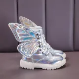 Kid Girl PU Leather Lace Up Martin  Boots With Butterfly Wings