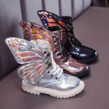 Kid Girl PU Leather Lace Up Martin  Boots With Butterfly Wings