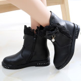Kid Girl Lace Bowknet Add Wool PU Leather Short Boots