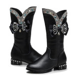 Kid Girl Diamonds Bowknot Leather Add Wool Tall Pump Boots