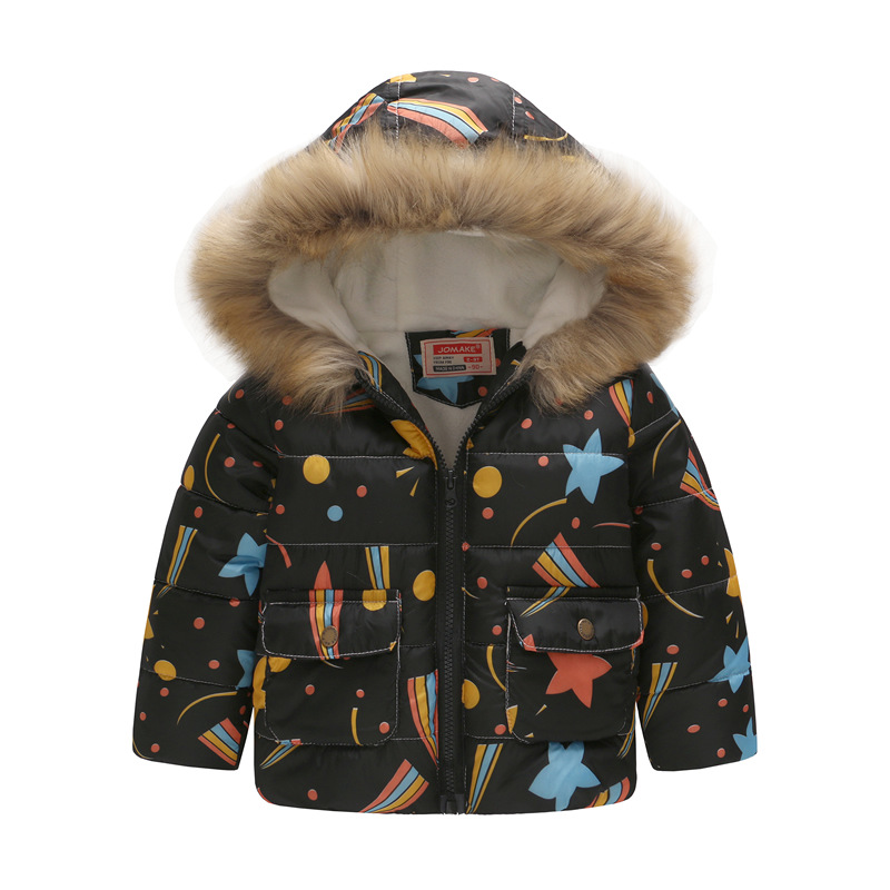 Toddler Kids Boy Sty Stars Cotton Padded Thicken Warm Fur Hooded Outerwear Coats