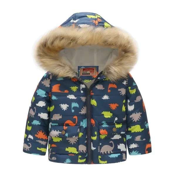 Toddler Kids Boy Dinosaur Cotton Padded Thicken Warm Fur Hooded Outerwear Coats