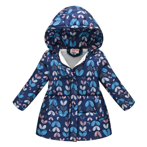 Toddler Kids Girl Leafs Cotton Padded Thicken Warm Hooded Long Outerwear Coats
