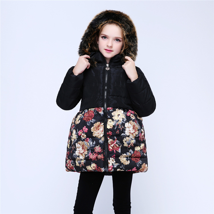 Toddler Kids Girl Flowers Cotton Padded Thicken Warm Fur Hooded Outerwear Coats