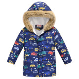 Toddler Kids Boy Cars Cotton Padded Thicken Warm Fur Hooded Long Outerwear Coats