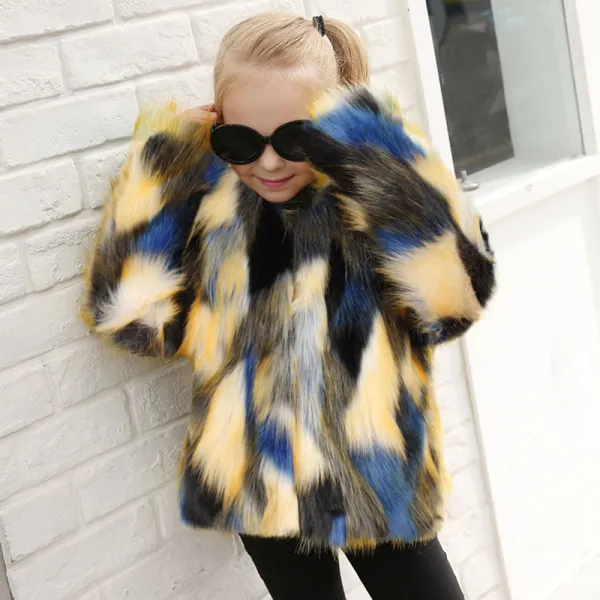 Toddler Kids Girl Colorful Stitching Plush Faux Fur Thick Warm Coats Outerwears