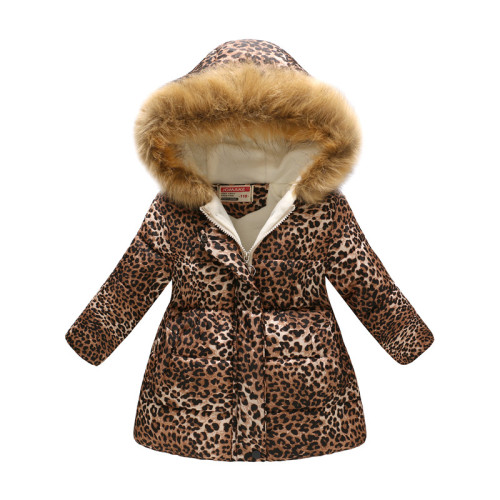 Toddler Kids Girl Leopard Print Cotton Padded Thicken Warm Fur Hooded Long Outerwear Coats
