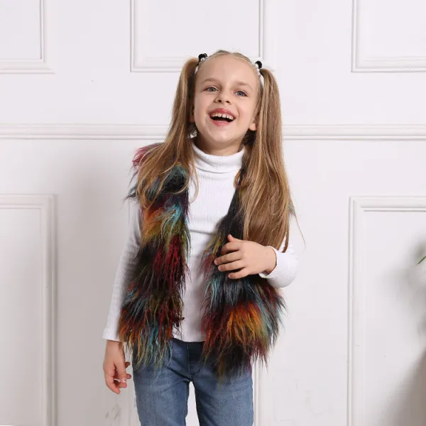 Toddler Kids Girl Plush Faux Fur Colors Stitching Thick Warm Vest Coats Outerwears