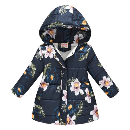 Toddler Kids Girl Flowers Cotton Padded Thicken Warm Hooded Long Outerwear Coats