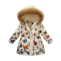 Toddler Kids Girl Butterfly Cotton Padded Thicken Warm Fur Hooded Long Outerwear Coats