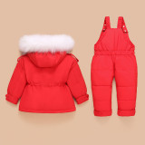 Baby Toddlers Duck Down Puffer Padded Thick Winter Outerwear Fur Hooded Coats With Overalls Pant