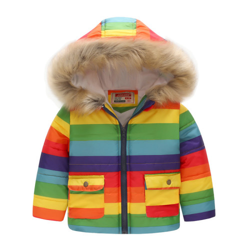 Toddler Kids Girl Boy Rainbow Cotton Padded Thicken Warm Fur Hooded Outerwear Coats