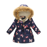 Toddler Kids Girl Butterfly Cotton Padded Thicken Warm Fur Hooded Long Outerwear Coats