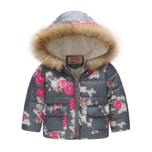 Toddler Kids Girl Flowers Cotton Padded Thicken Warm Fur Hooded Outerwear Coats