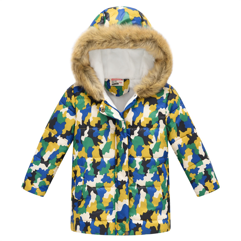 Toddler Kids Boy Camouflage Cotton Padded Thicken Warm Fur Hooded Long Outerwear Coats