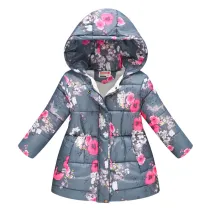 Toddler Kids Girl Flowers Cotton Padded Thicken Warm Hooded Long Outerwear Coats