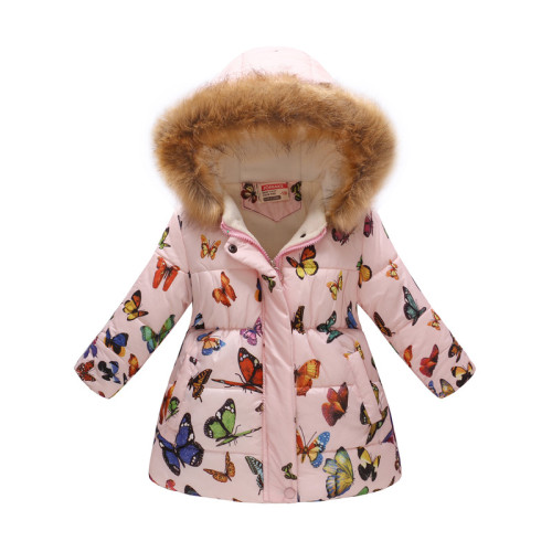 Toddler Kids Girl Butterfly Cotton Padded Thicken Warm Fur Hooded Long Outerwear Coats