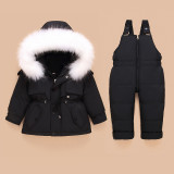 Baby Toddlers Duck Down Puffer Padded Thick Winter Outerwear Fur Hooded Coats With Overalls Pant